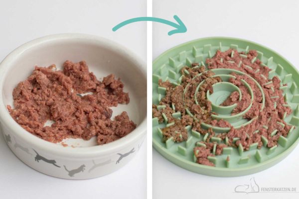 Zwei Abbildungen nebeneinander: Links ist Nassfutter für Katzen in einem einfachen Futternapf für Haustiere zu sehen; rechts ist dasselbe Katzenfutter in einer grünen Schleckmatte mit erhöhten Rillen portioniert, um zu veranschaulichen, wie sich eine Katze während der Mahlzeit mit dieser ansprechenden Fütterungstechnik - namens Slow Feed - beschäftigen kann, selbst wenn man wenig Zeit hat.