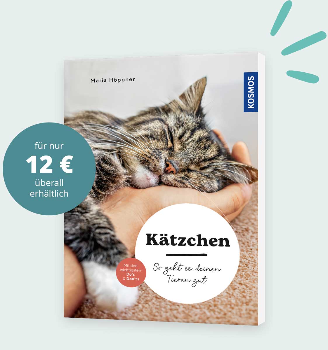 Ein Buchcover mit einem schlafenden getigerten Kätzchen, das in der Hand eines Menschen liegt. Der Buchtitel lautet Kätzchen: So geht es deinen Tieren gut von Maria Höppner. Ein türkisfarbener Kreis weist auf den Preis von 12 Euro hin. Der kompakte Leitfaden ist perfekt für Katzenanfänger geeignet.