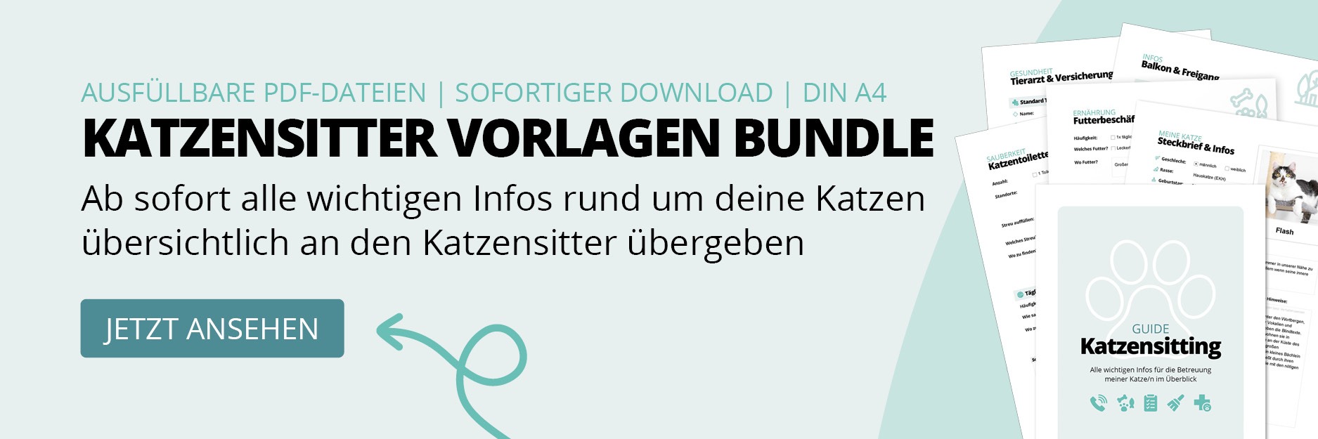 Banner zur Bewerbung eines Bundles von Katzensitter Vorlagen. Es enthält PDF-Beispielseiten, eine große Überschrift, beschreibenden Text und eine blaugrüne Schaltfläche mit der Aufschrift JETZT ANSEHEN.